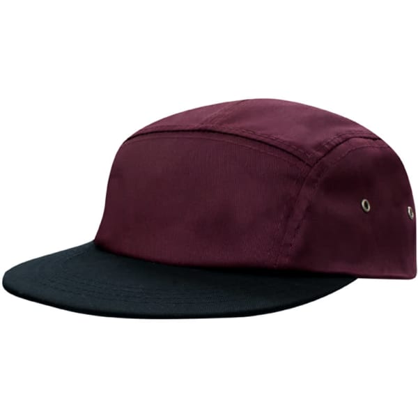 A maroon and black cotton twill cap with a square front and side ventilation holes. It features a logo on the front.