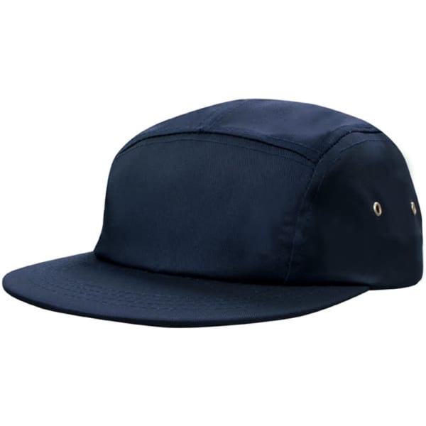 A navy cotton twill square front cap with a flat brim and eyelet ventilation. It features a logo on the side.