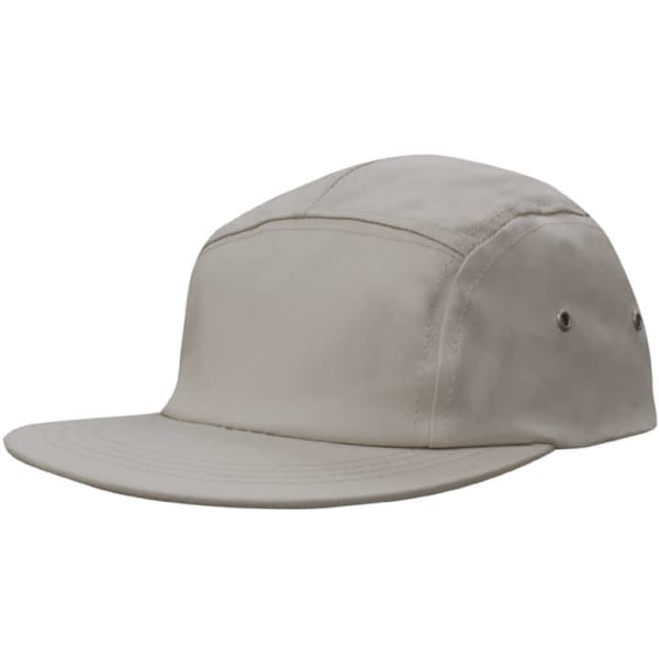 A light beige cap with a square front design and ventilation eyelets. The cap features a logo on one side.