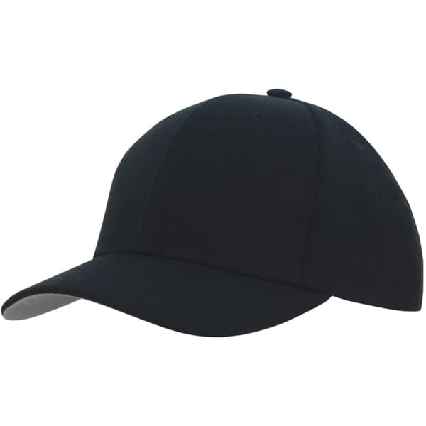 A black cap with a contrast peak under, featuring a logo on the front.