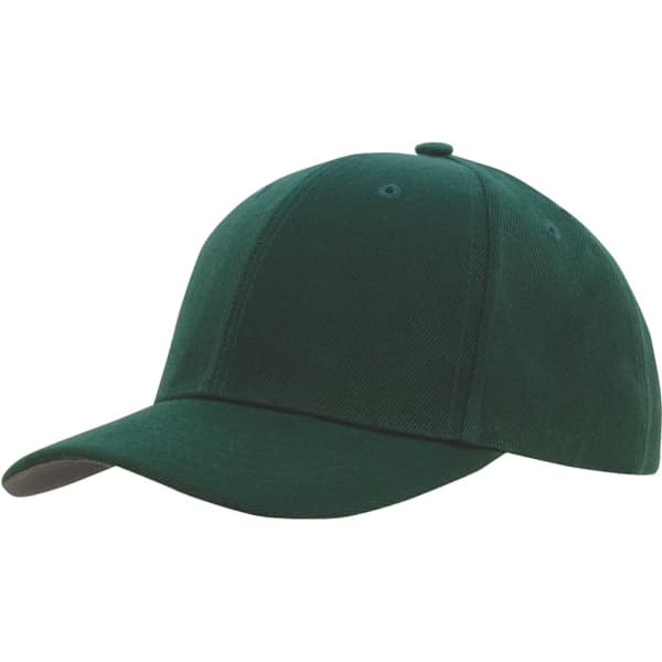 A dark green cap with a contrast peak under, featuring a logo on the front.