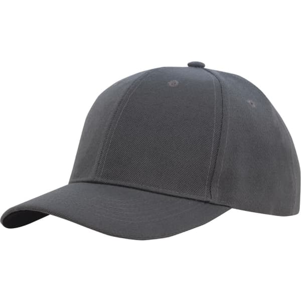 A grey baseball cap with a structured design and contrast peak underneath. It features a logo on the front.