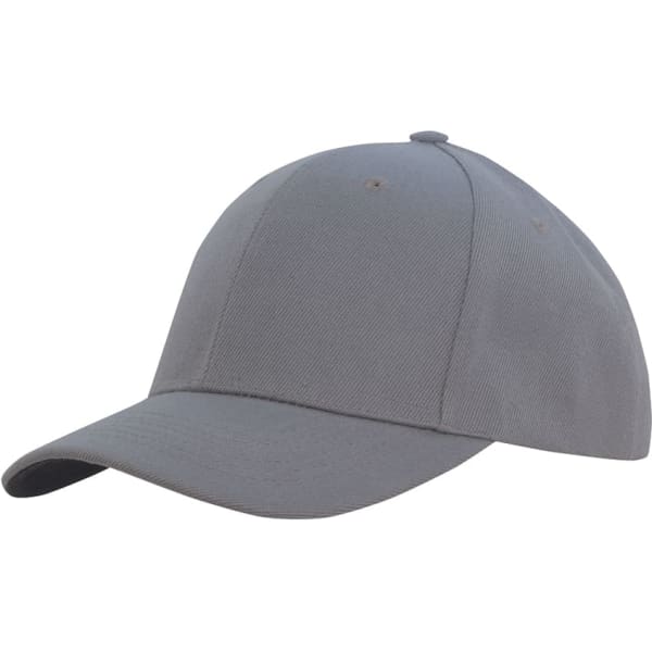 A grey cap with a structured peak, featuring a logo on the front. Made from premium twill fabric.