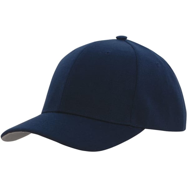 A navy blue cap with a contrasting peak under and a logo on the side. Suitable for headwear promotions.