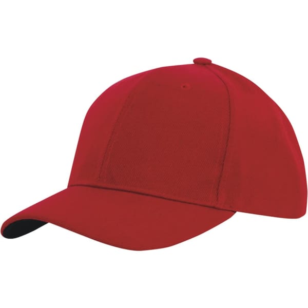 A red cap with a contrasting black peak, featuring a logo on the front side.