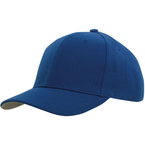 A blue cap with a contrast peak under, featuring a logo on the side.