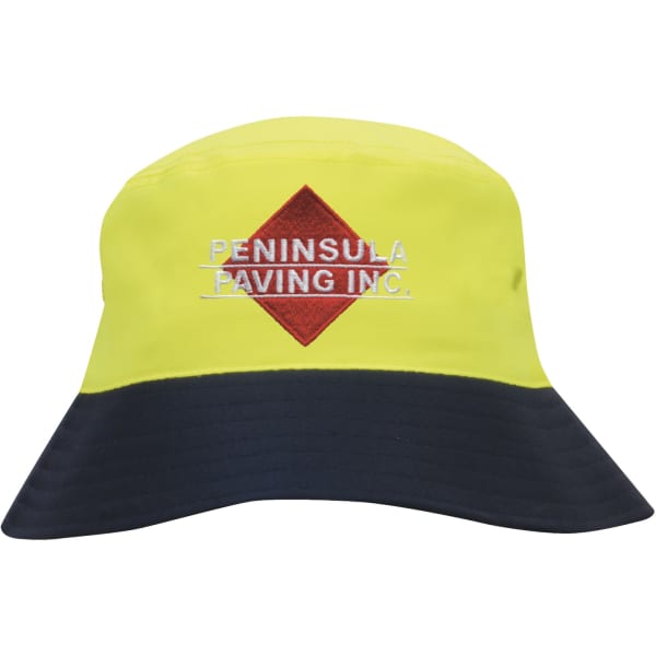 A luminescent yellow and navy bucket hat featuring a logo on the front.