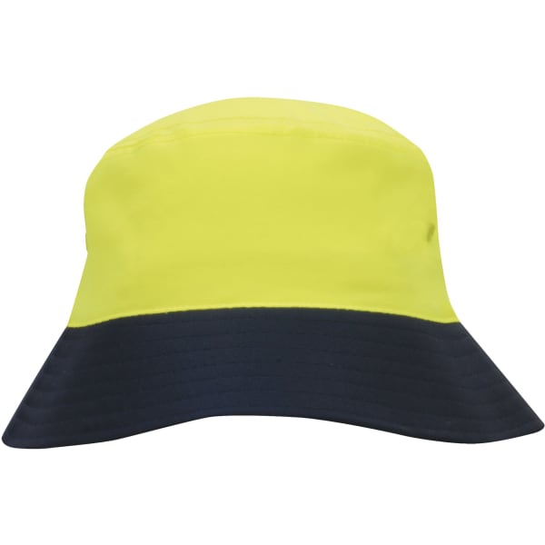 A luminescent yellow and navy bucket hat with a wide brim and an internal logo. Ideal for safety and visibility.