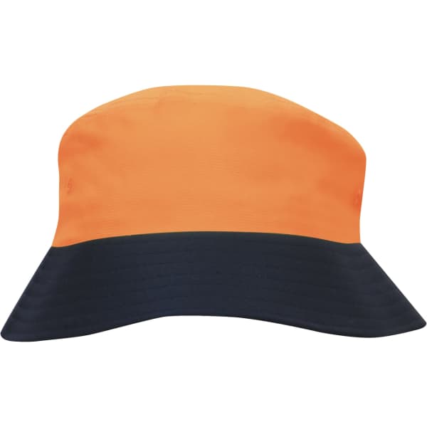 A luminescent safety bucket hat featuring an orange and navy design, with a logo on the side.