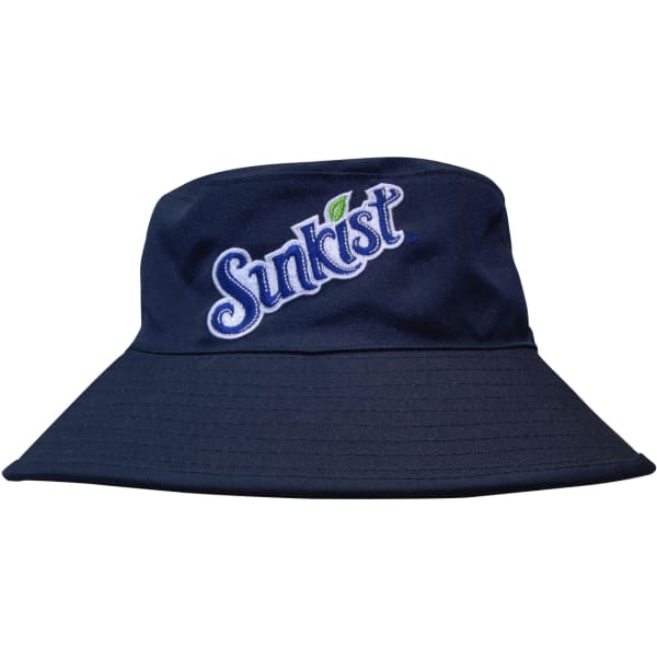 A navy blue reversible breathable poly twill bucket hat with a logo on the front.