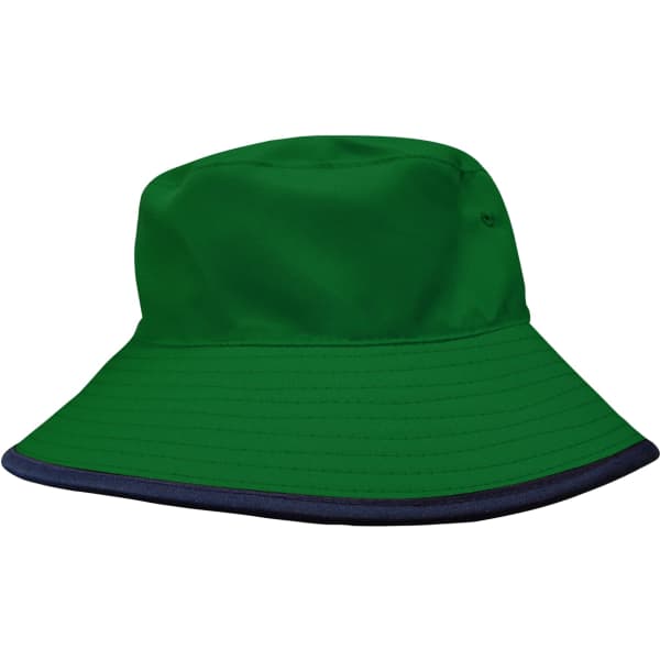 A green reversible bucket hat with a contrasting navy brim and a logo. Ideal for headwear.