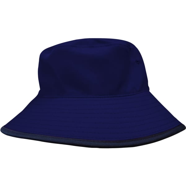 A navy blue reversible bucket hat with a wide brim and a branded logo.