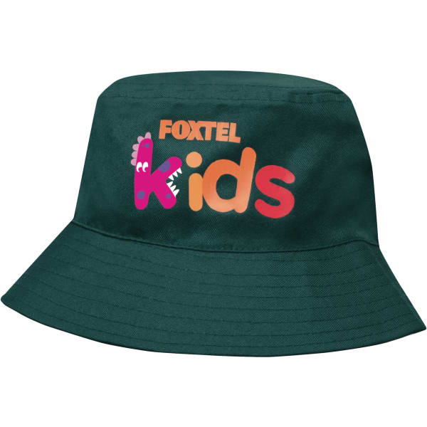 A green bucket hat featuring a logo and text in vibrant colours, designed for infants.