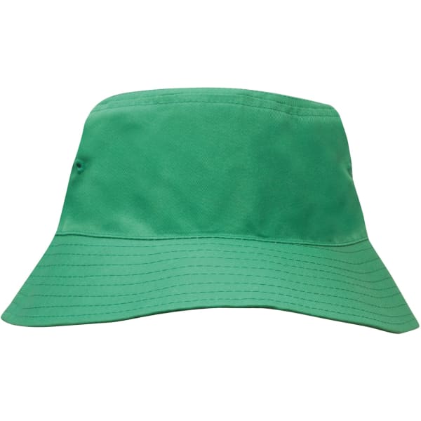 A green breathable poly twill child's bucket hat with a wide brim, featuring an embroidered logo.