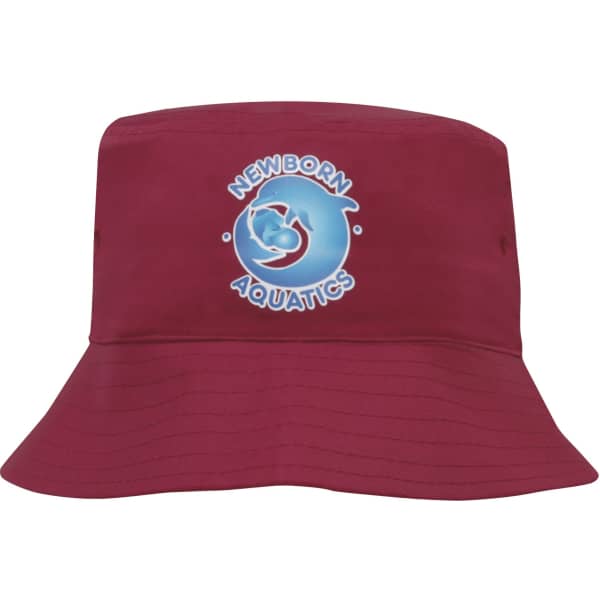 A maroon child’s bucket hat featuring a logo on the front and a breathable poly twill material.
