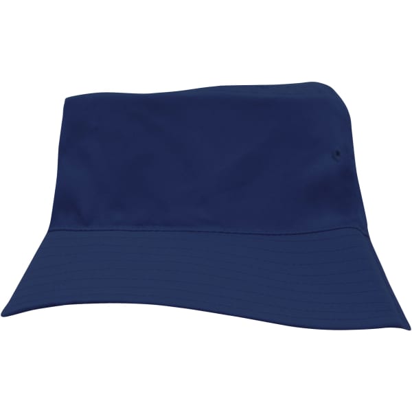 A navy breathable poly twill child's bucket hat with a wide brim and a logo.
