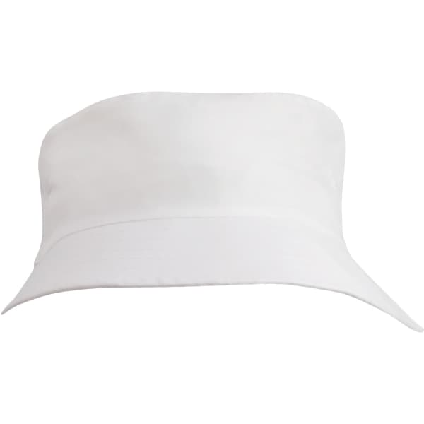 A white breathable poly twill child's bucket hat with a wide brim and a smooth finish. Features a logo.