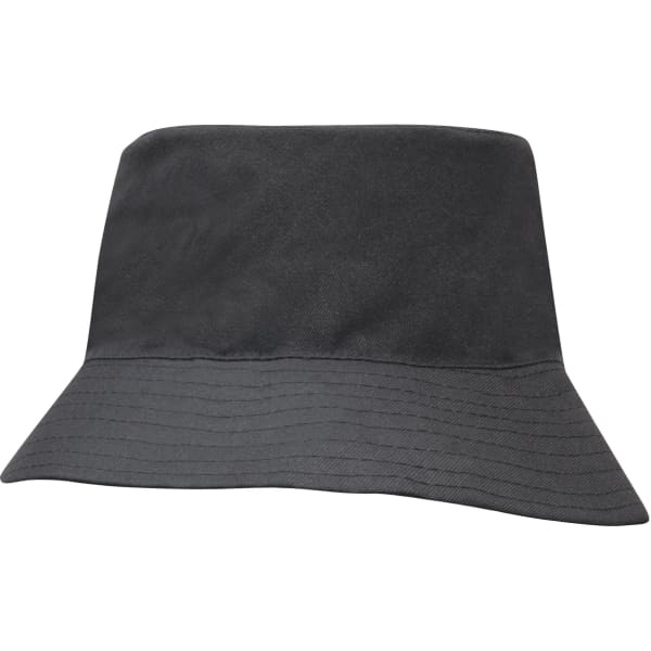 A black breathable poly twill child’s bucket hat featuring a wide brim and a simple design.