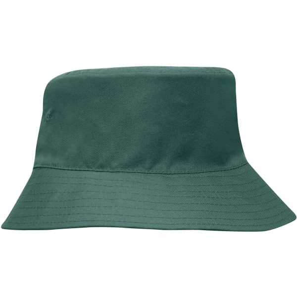 A green breathable poly twill child’s bucket hat with a wide brim. It includes a logo.