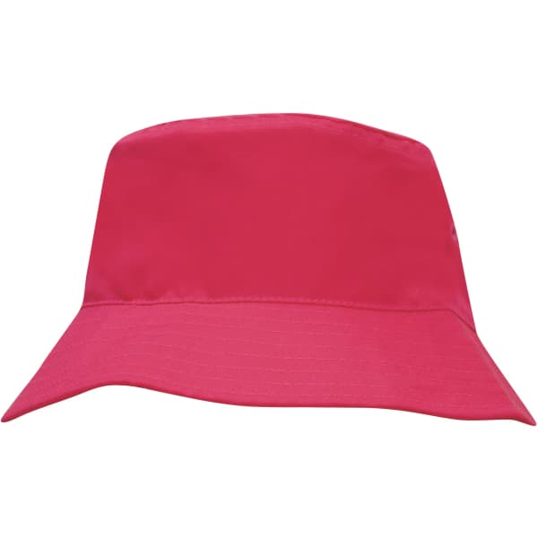 A pink breathable poly twill child's bucket hat with a wide brim and a logo.