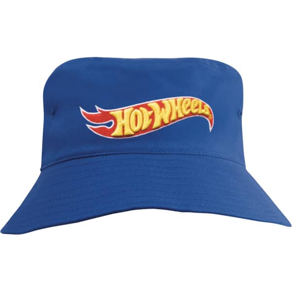A blue breathable poly twill child's bucket hat with a logo.