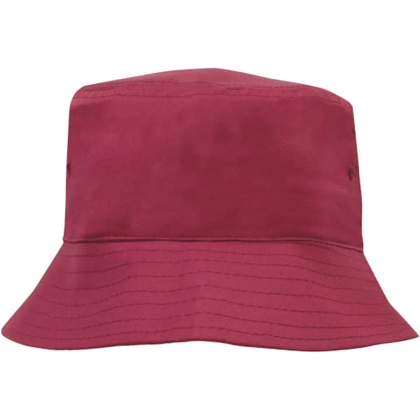 A breathable poly twill child's bucket hat in a deep maroon colour, featuring a wide brim.