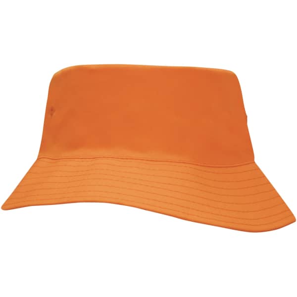 An orange breathable poly twill child's bucket hat with a wide brim and a smooth finish. Features a logo.