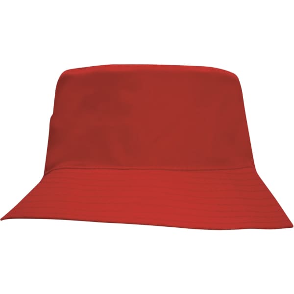 A red breathable poly twill child's bucket hat with a wide brim and a smooth finish. It features a logo.