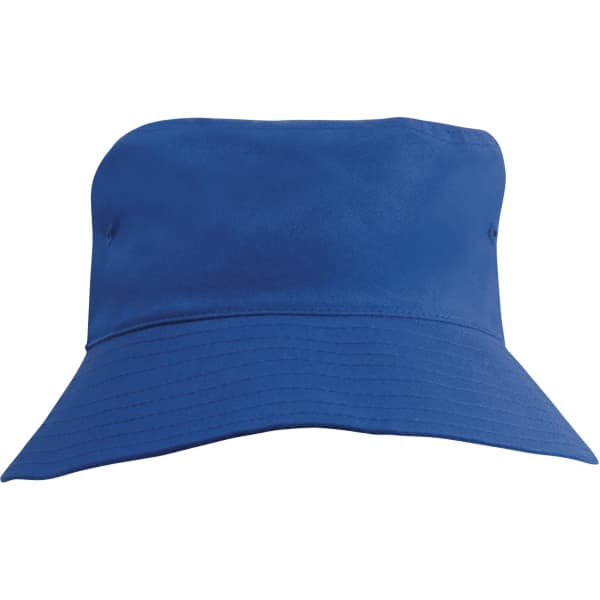 A blue breathable poly twill child's bucket hat with a wide brim and eyelets, featuring a logo.