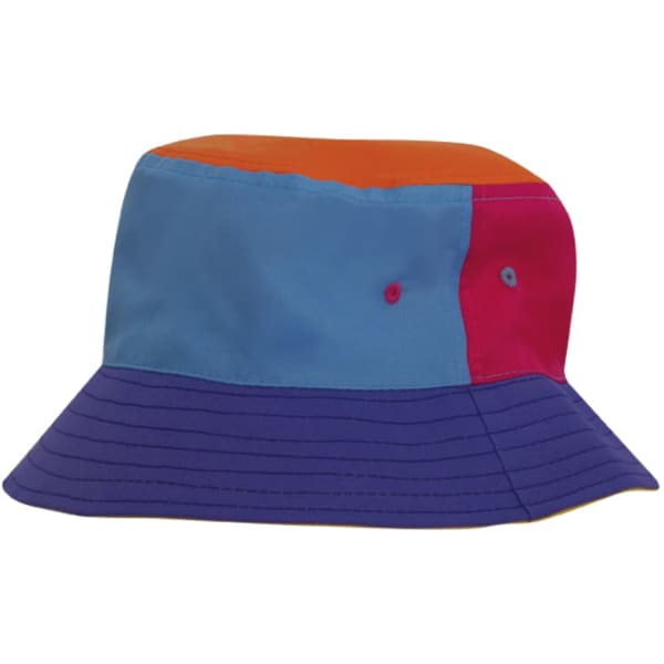 A multicoloured breathable poly twill child's bucket hat featuring blue, orange, pink, and purple sections with a logo.