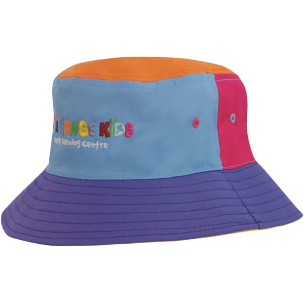 A multi-coloured child's bucket hat featuring blue, orange, pink, and purple panels, with a logo on one side.