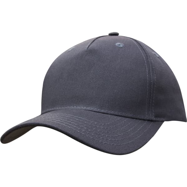 A grey cotton twill cap with a rounded crown and a curved brim, featuring a logo on the side.
