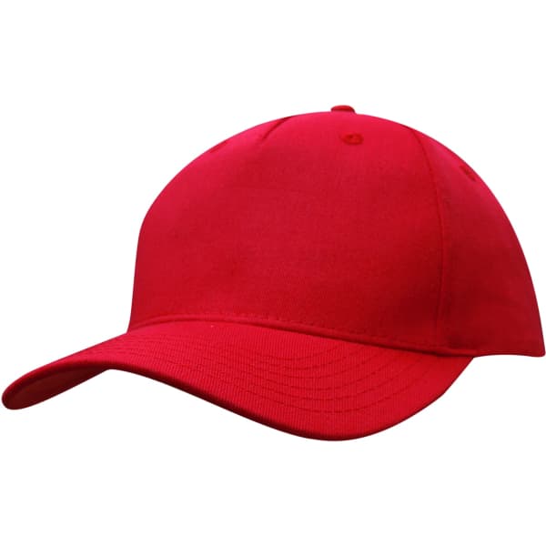 A red cotton twill cap with a curved brim and a logo on the front.