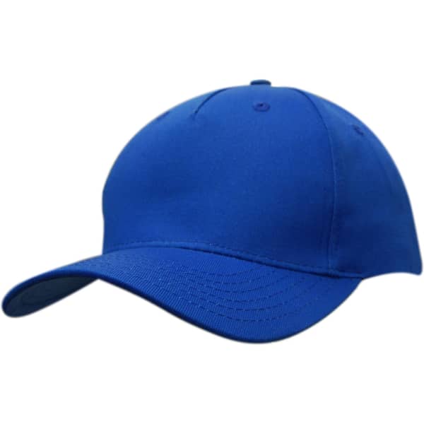 A blue cotton twill cap with a curved brim and a button on top, featuring a logo.