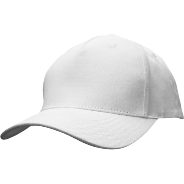 A white cotton twill cap with a curved brim and an adjustable strap at the back, featuring a logo.