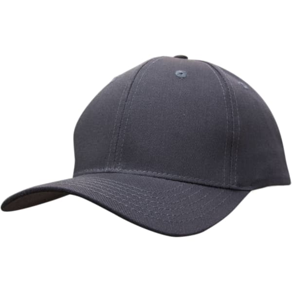 A grey cotton twill cap with a curved brim and a structured crown, featuring a logo.