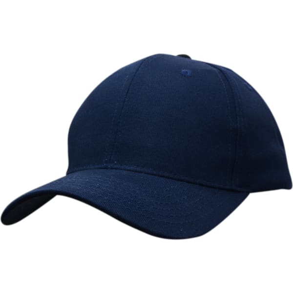 A navy cotton twill cap with a slightly curved brim and a logo on the front.