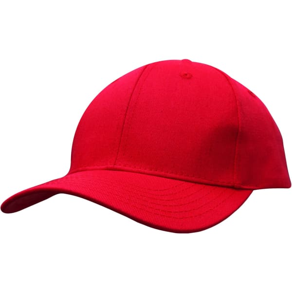A red cotton twill cap with a rounded crown and a curved brim, featuring a logo on the front.