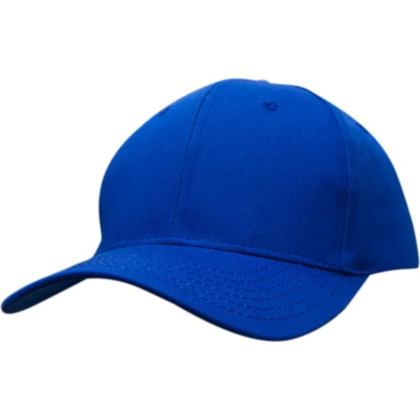 A blue cotton twill cap with a curved brim and an adjustable strap at the back. It has a logo on the front.