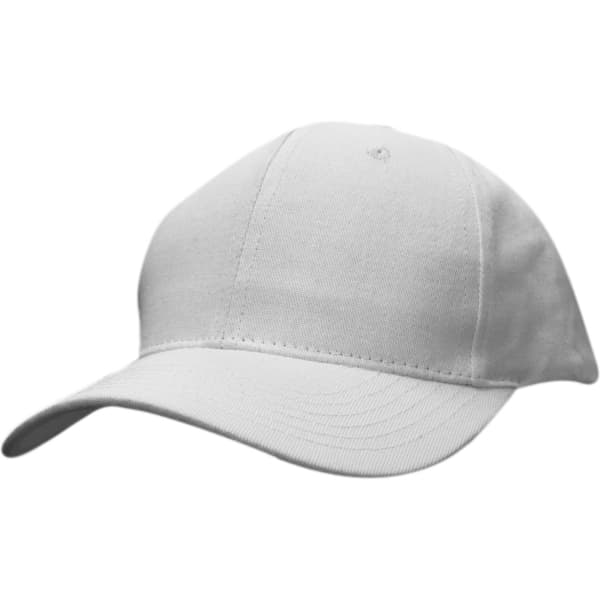 A white cotton twill cap with a curved brim and a logo on the front.