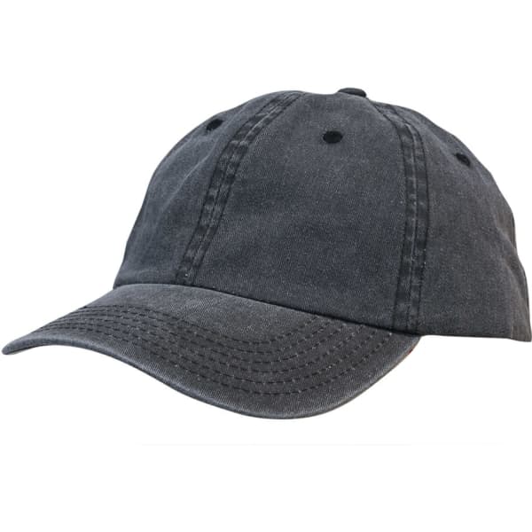 A dark grey enzyme washed pigment dyed cotton twill cap with a curved brim and a logo.