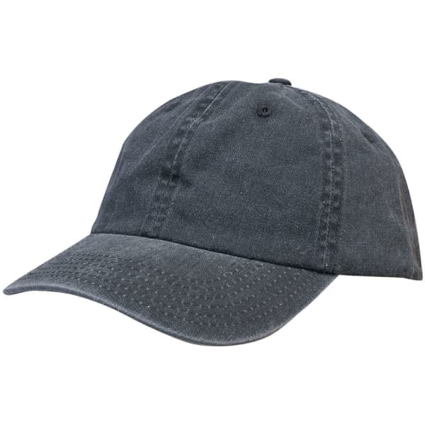 A grey enzyme washed pigment dyed cotton twill cap with a curved brim and a logo on the front.