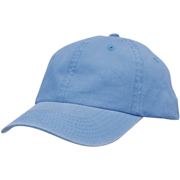 A light blue enzyme washed pigment dyed cotton twill cap with a curved brim and a logo.