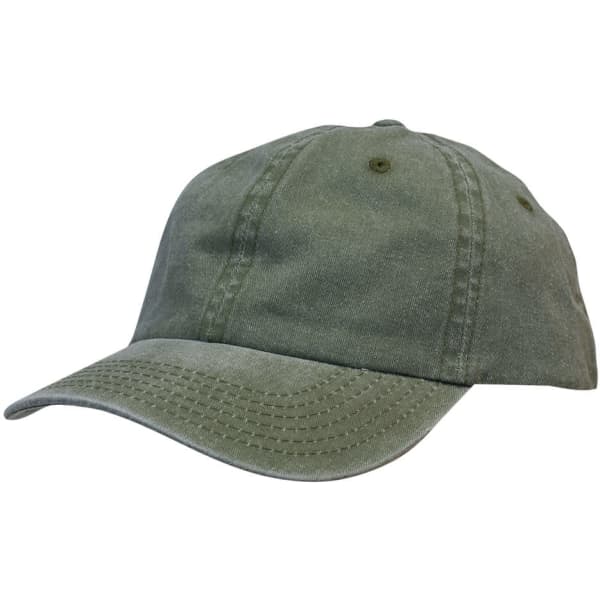 A green enzyme washed pigment dyed cotton twill cap with a seamless design and an adjustable strap.