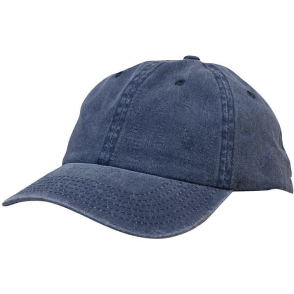 A blue enzyme washed pigment dyed cotton twill cap with a curved brim and stitching details. Features a logo.