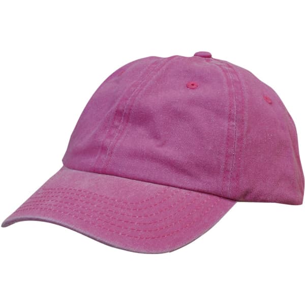A pink enzyme washed pigment dyed cotton twill cap, featuring a curved brim and an adjustable strap at the back.