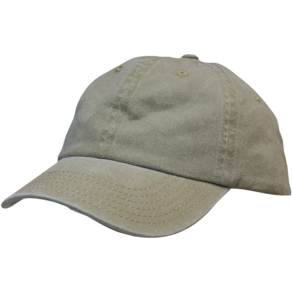 A beige enzyme washed pigment dyed cotton twill cap with a stitched brim and a logo on the front.