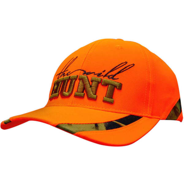 A bright orange cap featuring camouflage inserts and embroidered text. The cap has a curved brim and a logo.