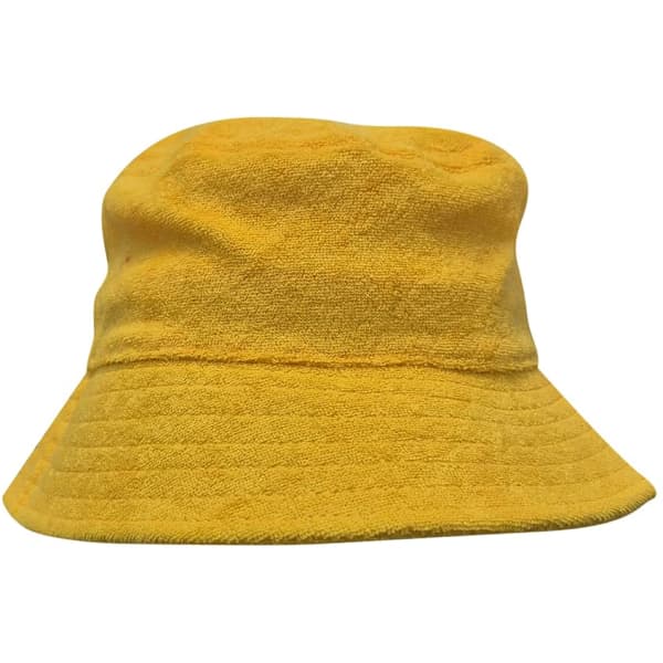 A yellow terry towelling bucket hat with a wide brim and a textured finish. It features a logo on the side.