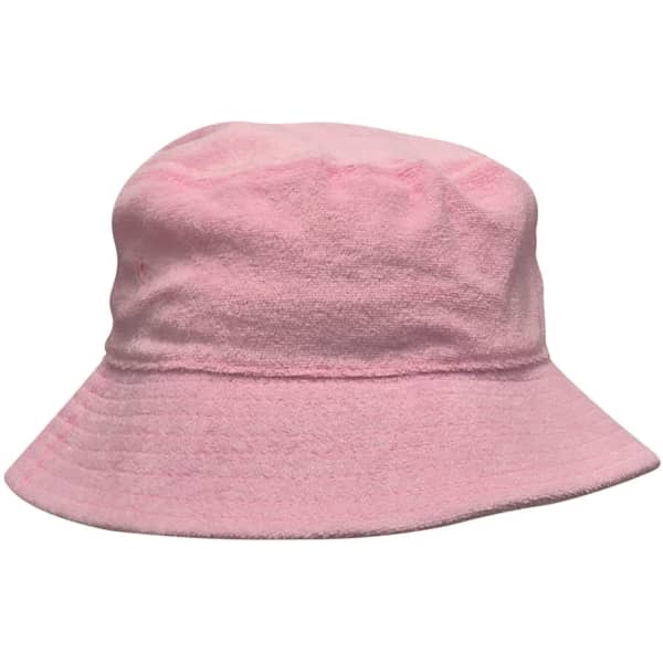 A pink terry towelling bucket hat with a soft texture and a wide brim. It features a simple design and has a logo.
